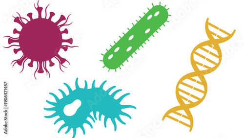 Colorful illustrations of bacteria and DNA on a white background