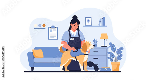 Woman grooming a golden retriever dog in a salon setting.