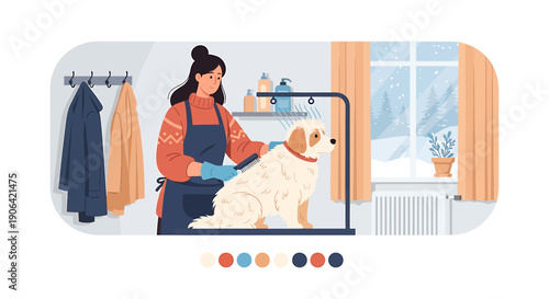 Woman grooming a fluffy white dog in a cozy room.