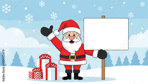 Jolly santa claus stands in a snowy winter forest landscape next to a stack of gifts while holding a blank white board for your custom message.