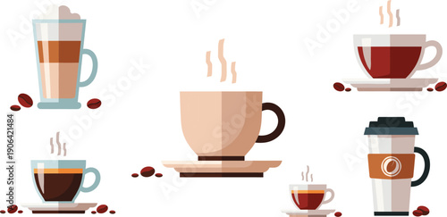 Coffee Cup Collection Set with Espresso Latte and Takeaway Cup Flat Vector Illustration Isolated on White Background