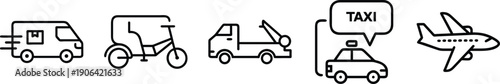 Collection of transport icons: fast van, rickshaw, tow truck, taxi, and airplane for travel and delivery services transparent background