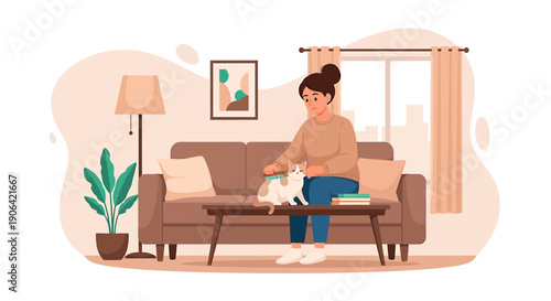 Woman petting a cat on a sofa at home.