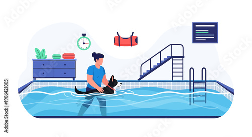 Woman with dog in swimming pool for hydrotherapy.