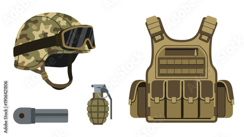 Selection of tactical military equipment including a camouflage helmet with goggles a plate carrier vest a hand grenade and a flashlight for soldiers.