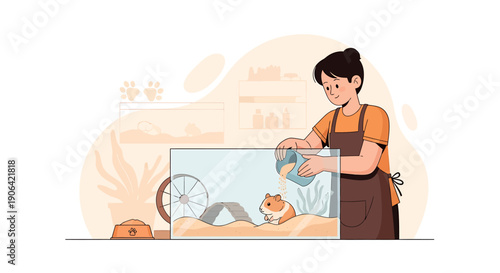 Young person caring for a small hamster in a glass enclosure.