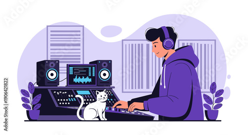 Young man wearing headphones working on music production equipment.