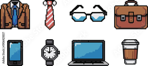 Pixel art business lifestyle icon set with suit tie glasses briefcase smartphone watch laptop and coffee cup professional office accessories isolated on white background