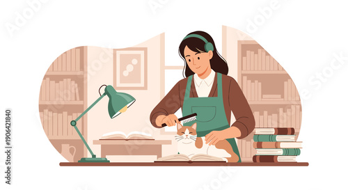 Young woman crafting with paper and scissors at a desk.