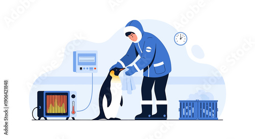 Zookeeper caring for a penguin in a cold environment.