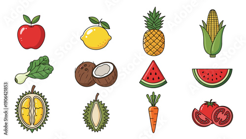 Diverse assortment of fresh fruits and vegetables including apples pineapples coconuts watermelons and carrots for healthy eating and nutrition themes.