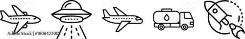 Air and space transport icons: airplane, UFO, aircraft, fuel truck, and rocket launch transparent background