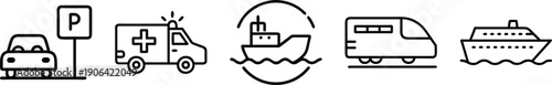 Emergency and transport icons: parking car, ambulance, cargo ship, train, and passenger ship transparent background