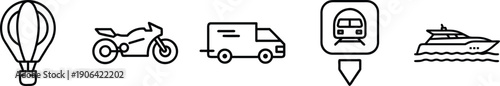Icons for adventure and transport: hot air balloon, motorcycle, delivery truck, train station, and yacht transparent background