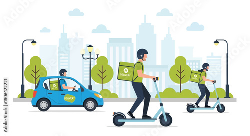A delivery scene depicting couriers on scooters and in a car against a city skyline on transparent background silhouette high quality