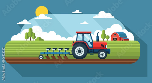 A colorful illustration depicts a red tractor plowing a green field with a barn and sun on transparent background silhouette