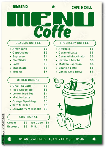 Cozy coffee shop menu with variety of drinks
