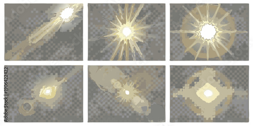 Pixelated light effects and starbursts arranged in a six panel grid layout