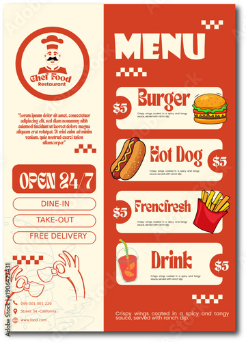 Colorful restaurant menu with food items and open 24/7