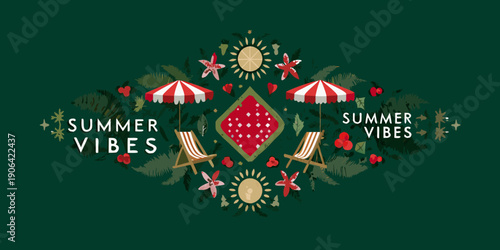 A summer illustration featuring beach umbrellas deck chairs and vibrant tropical elements