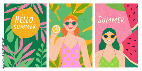 Colorful summer illustrations featuring tropical fruits women and vibrant text