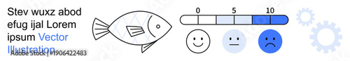 Feedback, user evaluation, rating systems, environmental studies, satisfaction metrics, technical processes. Fish diagram and blue rating scale with gear symbols. Feedback and user evaluation concept
