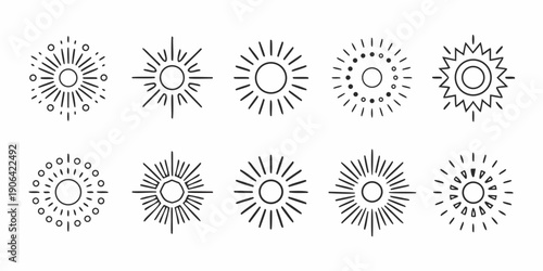 A collection of various sunburst and radial line designs in black and white