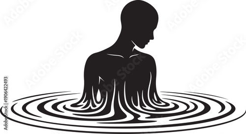 Silhouette of a person submerged in water with ripples