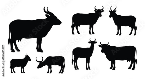 A collection of six black silhouettes depicting various african ungulates on transparent background high quality professional detailed modern elegant stylish clean