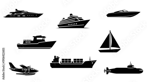 vector, graphic, icon, flat design, ship, boat, cruise ship, cargo vessel, yacht, sailboat, speedboat, submarine, seaplane, marine, maritime, transportation, ocean, travel, logistics, freight, nautica
