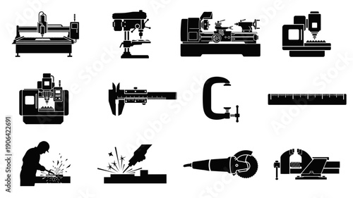 Vector black silhouette icons of metalworking machinery including lathe machine drill press and caliper
