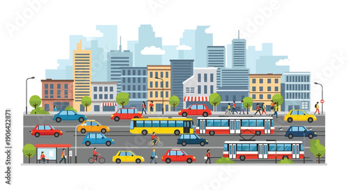 A colorful cityscape illustration featuring busy streets with various vehicles ideal for design projects on transparent background silhouette high quality professional