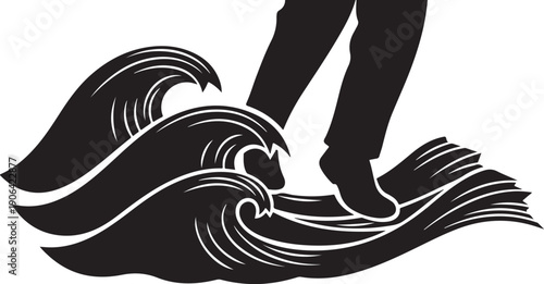 Man standing on a large wave in black silhouette