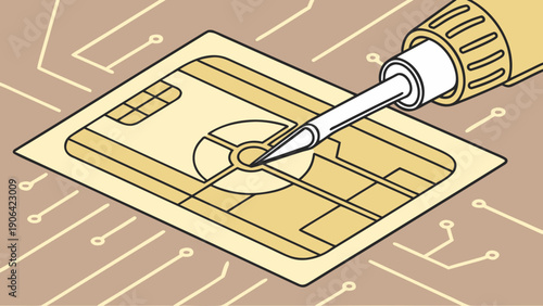 A vector graphic illustration of a screwdriver drilling into a smart card chip on a circuit board background