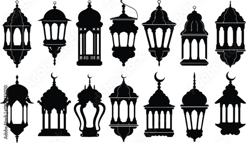 Black silhouettes of various hanging lanterns with domed tops and crescent moons white background