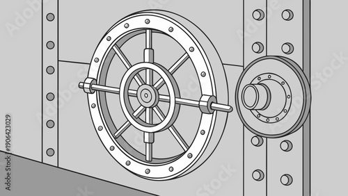 A detailed illustration of a vault door with a large wheel handle and bolts