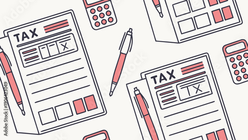 A vector graphic illustration of tax forms, calculators, and pens on a white background, representing financial planning and accounting.