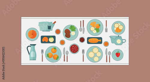 A colorful top down view of a fully set breakfast table with various foods on transparent background silhouette high quality professional detailed