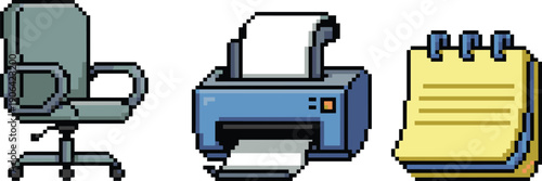 Pixel art office equipment icon set with swivel office chair printer and notepad workplace supplies business productivity and stationery concept isolated on white background