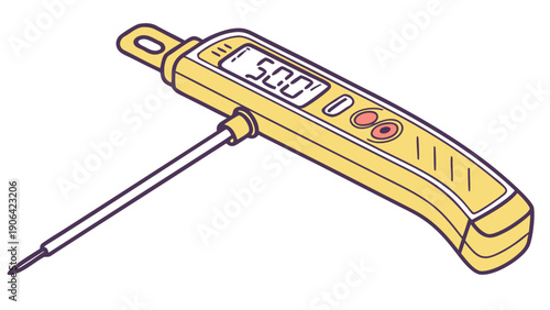 A digital thermometer with a yellow body and a long metal probe