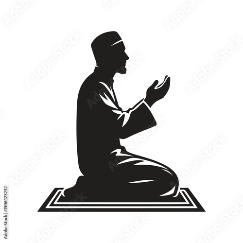 Silhouette of a Muslim woman kneeling in prayer before a mosque design