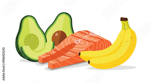 A colorful illustration of an avocado salmon and banana perfect for health themes on transparent background silhouette high quality professional detailed