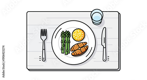 A colorful illustration of a plated meal featuring fish asparagus and rice ideal for food blogs on transparent background silhouette