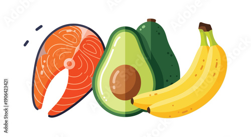 A vibrant illustration of salmon avocado and bananas arranged together ideal for dietary themes on transparent background silhouette high quality professional