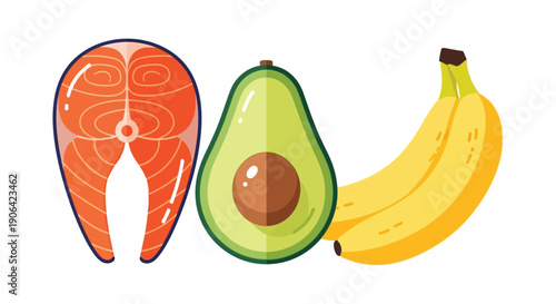 A colorful illustration of salmon avocado and a banana presented as stylized food icons on transparent background silhouette high quality professional