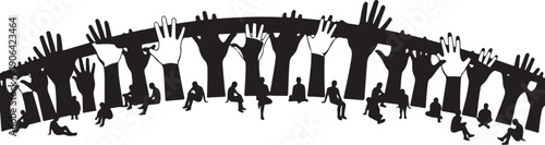 Diverse Group of People with Hands Raised in Unity