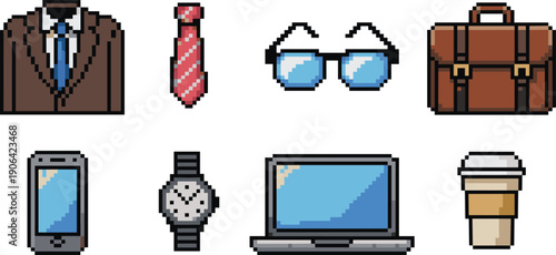 Pixel art business professional accessories icon set with suit tie glasses leather briefcase smartphone watch laptop and coffee cup office lifestyle objects isolated on white background