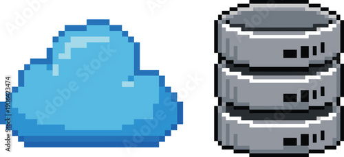 Pixel art cloud and database server icon set representing cloud computing data storage web hosting and information technology infrastructure isolated on white background