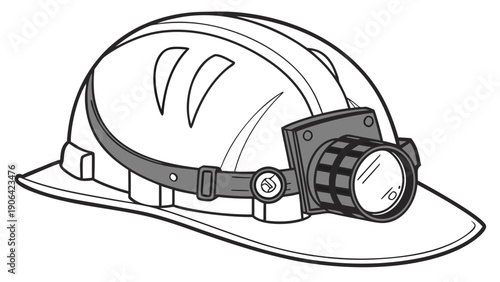 A black and white vector illustration of a hard hat with a headlamp