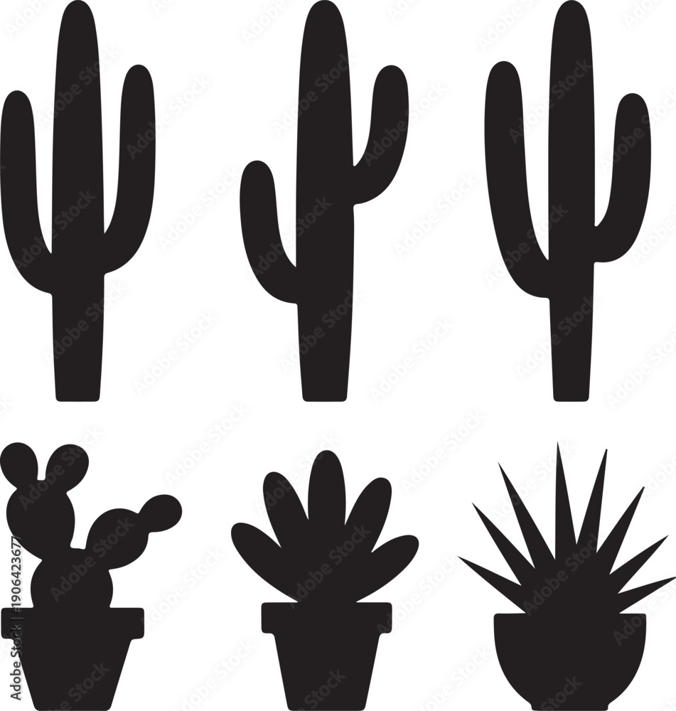Fototapeta premium Silhouette cactus and succulents, black plant shapes, potted botanical icons,